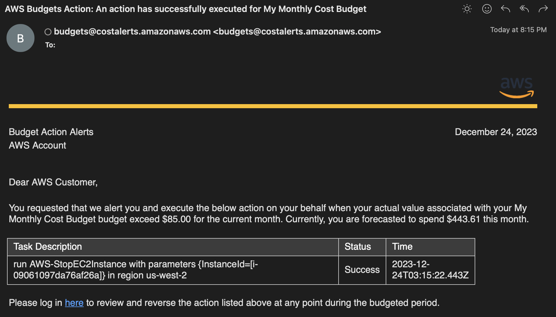AWS Budget email notification example