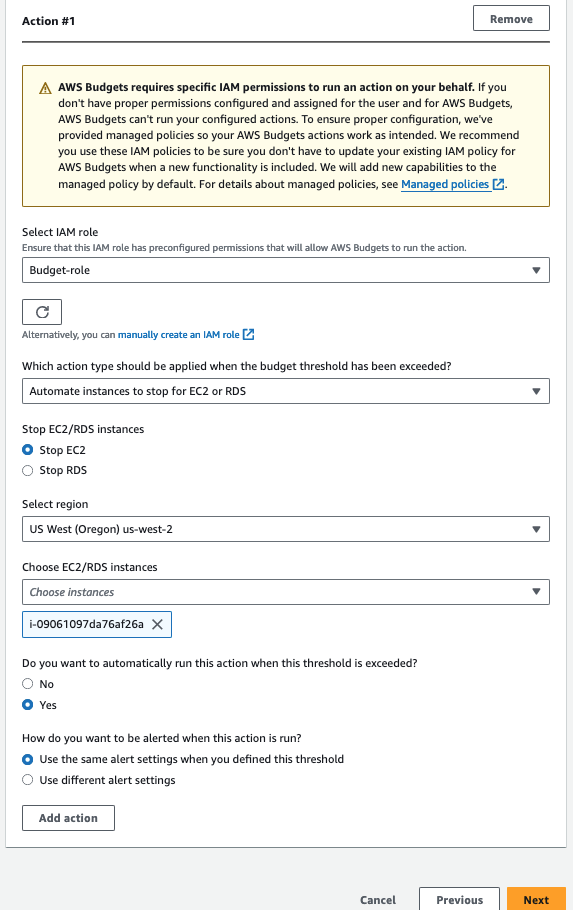 AWS Budget creation wizard, configuring action 1