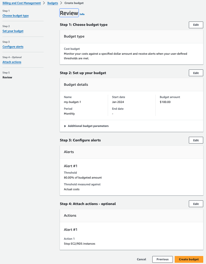 AWS Budget creation wizard, reviewing budget configuration