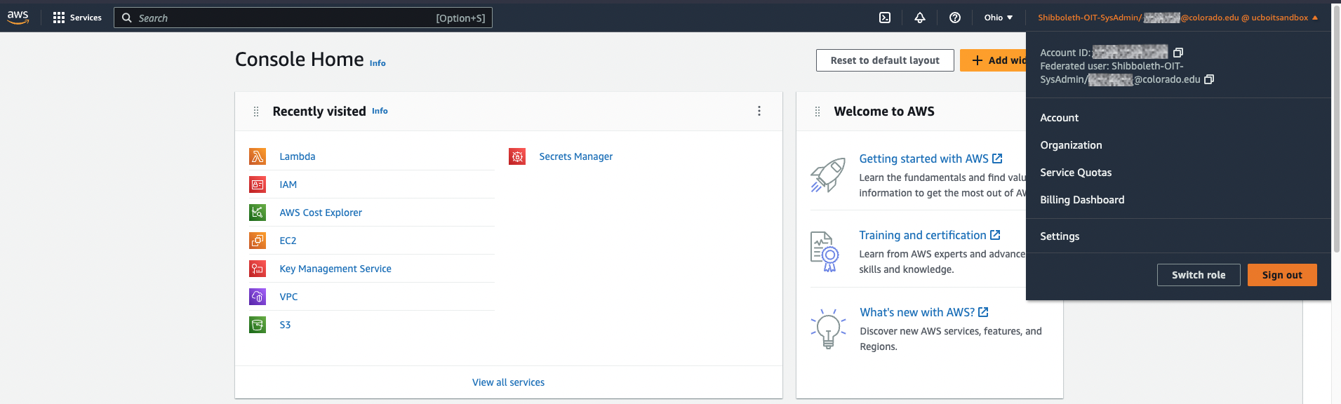 AWS console home page with account information drop-down highlighted
