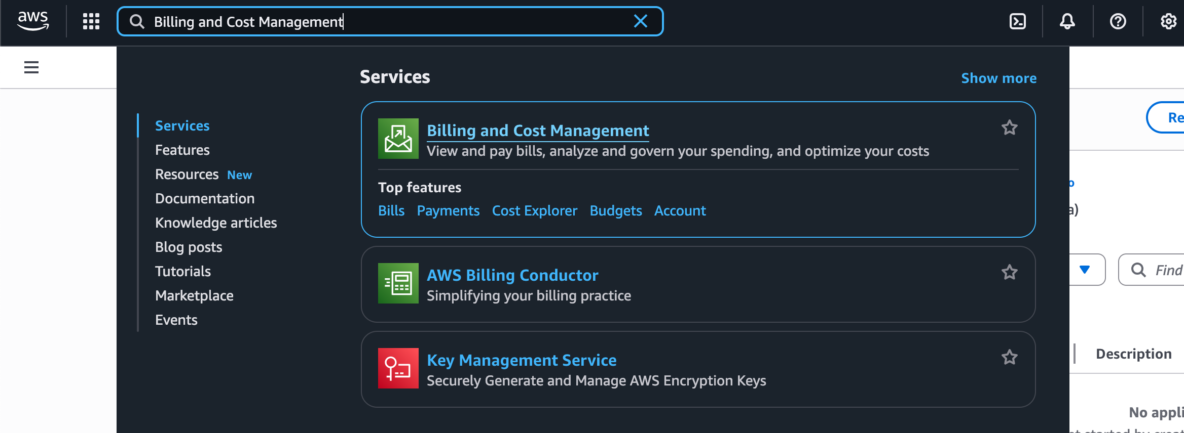 Search for "Billing and Cost Management" in the AWS console.