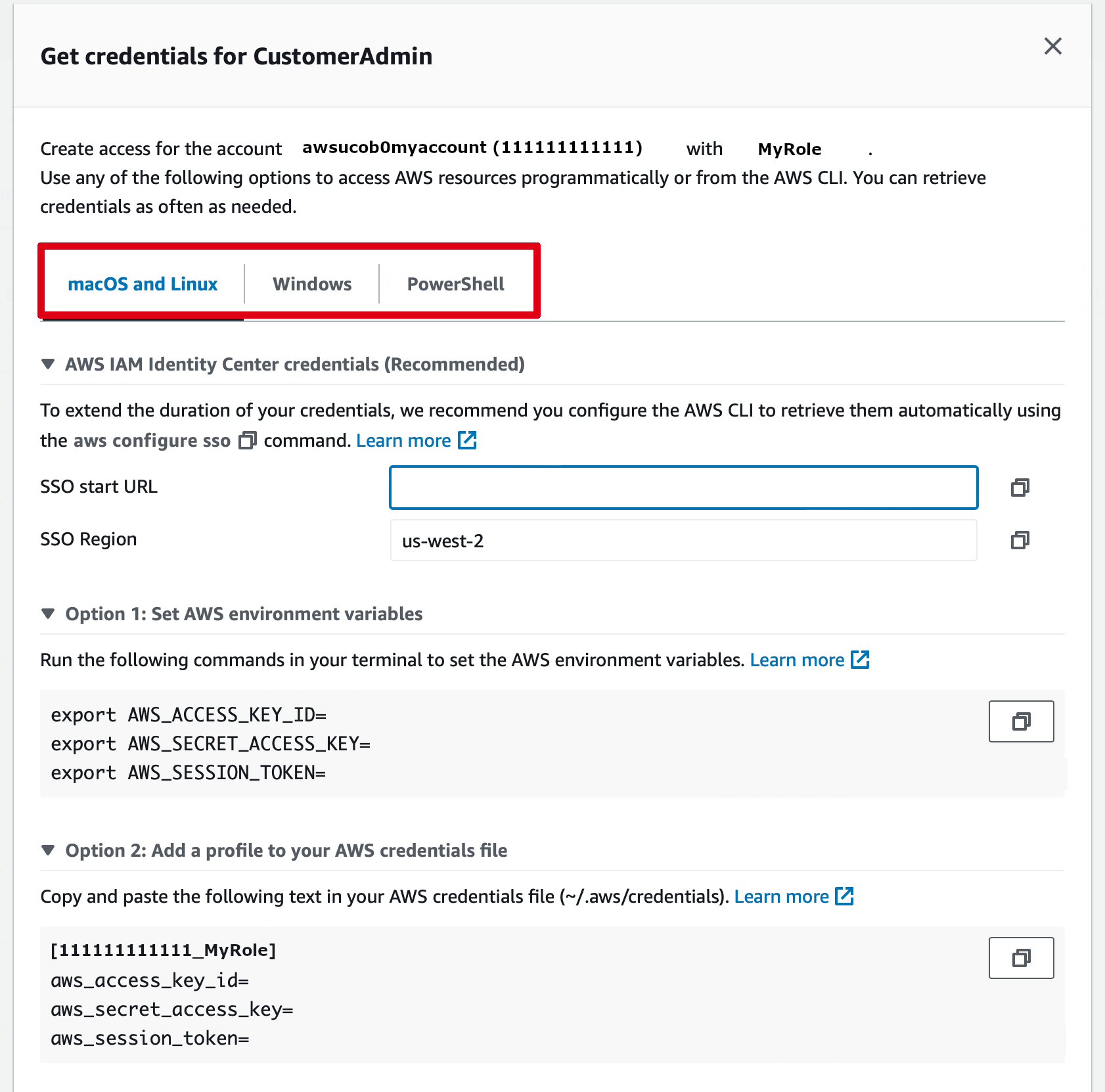 AWS CLI credentials access page with "macOS and Linux" circled in red