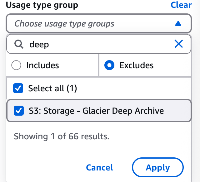 Set the Usage type group filter to exclude S3: Storage - Glacier Deep Archive.