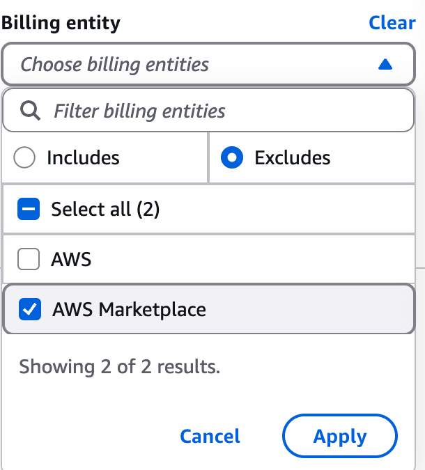 Set the Billing entity filter to exclude AWS Marketplace.