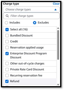 Set the Charge Type filter to exclude refunds, enterprise discount program discount and solution provider program discounts.