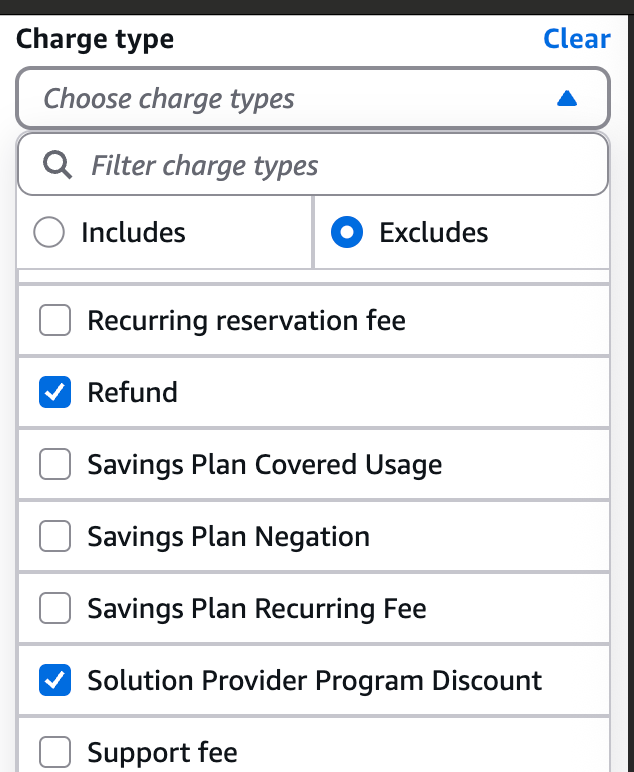 Set the Charge Type filter to exclude refunds, enterprise discount program discount and solution provider program discounts.