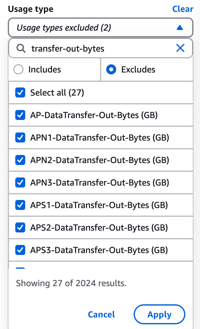 Set the Usage type filter to exclude all items “Transfer-Out-Bytes”.