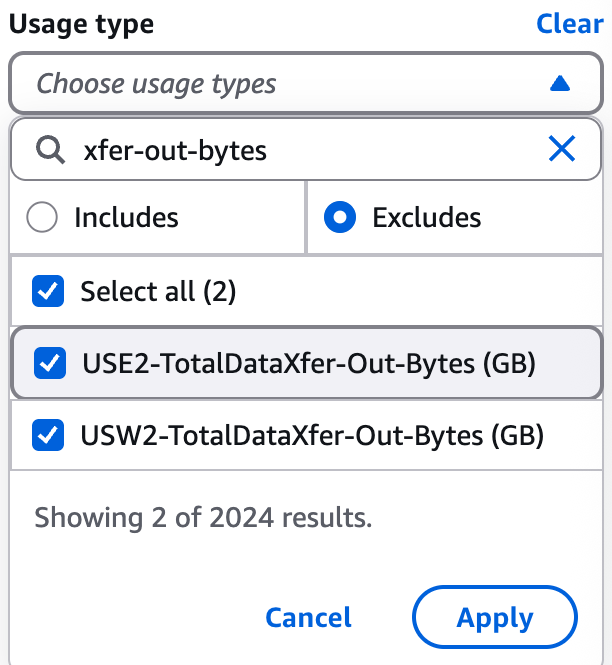 Set the Usage type filter to exclude all items matching “Xfer-Out-Bytes” and “Transfer-Out-Bytes”.