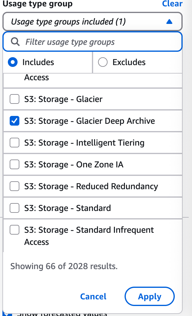 Set the Usage Type group filter to include only S3: Storage - Glacier Deep Archive.