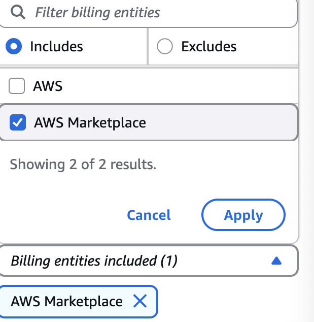 Set the Billing entity filter to include only AWS Marketplace.