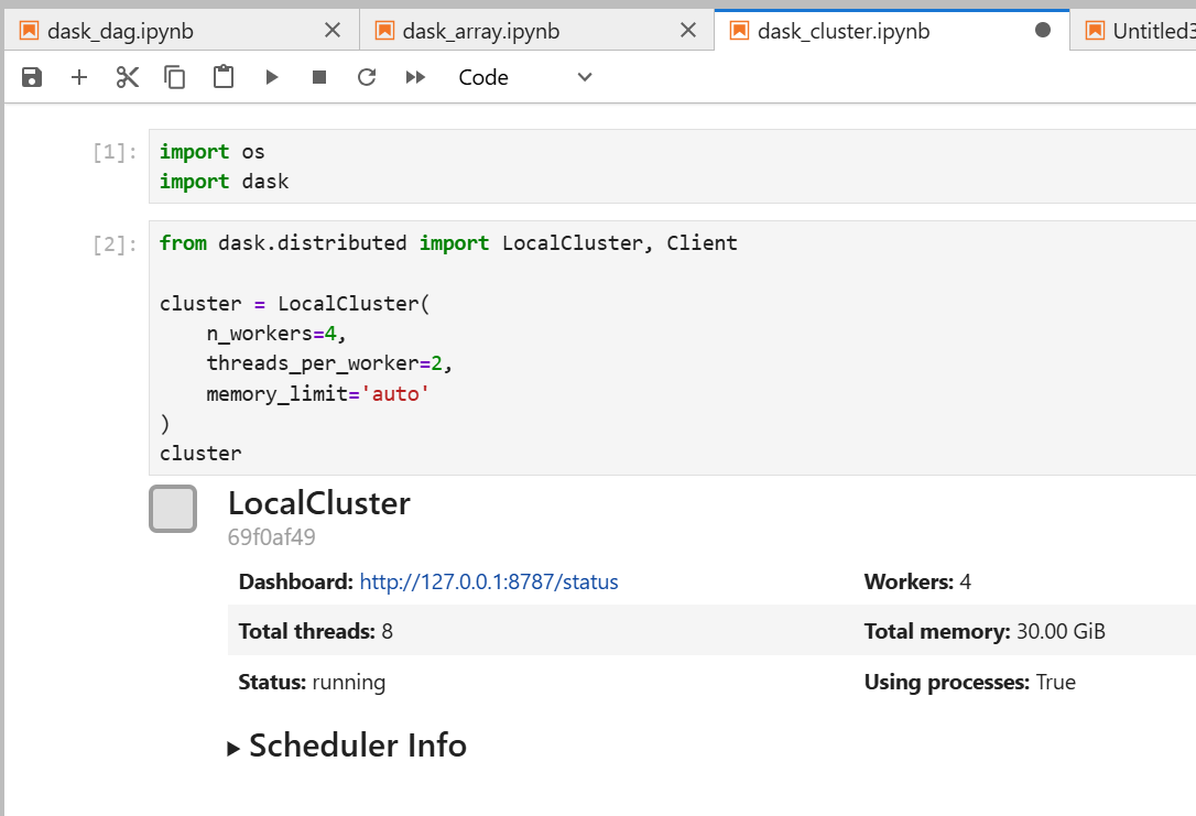 A screenshot of a Jupyter Notebook displaying Python code for Dask that imports libraries, sets up a LocalCluster with specific parameters, and shows cluster details such as the number of workers, total threads, and status. Described under the heading Setting up a Local Cluster.