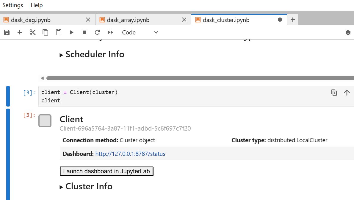 Screenshot of a Jupyter notebook interface displaying a code segment initializing a Dask client and the resulting connection details, including the connection method, cluster type, and a URL for dashboard access. Described under the heading Dask Dashboard.