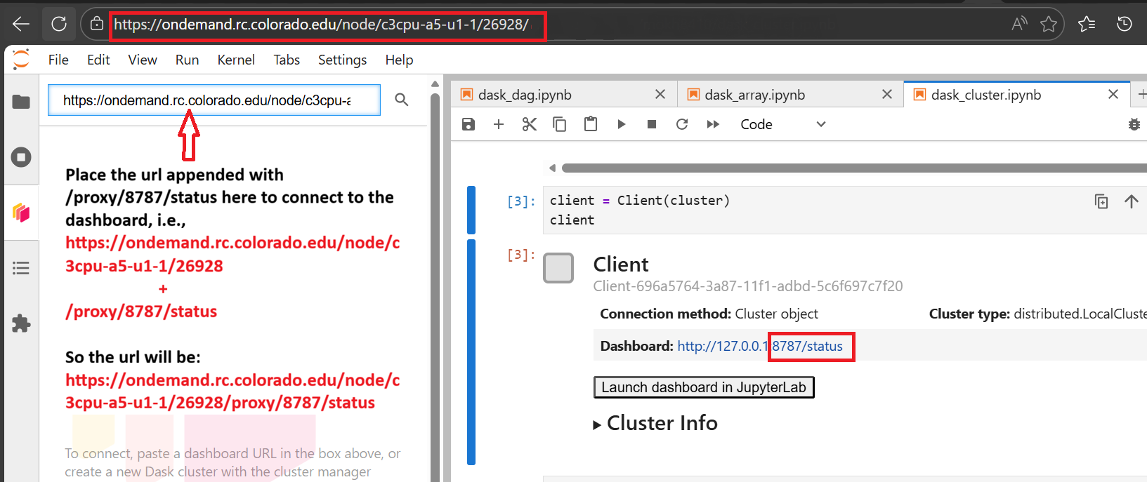 Screenshot showing a JupyterLab session and instructions for modifying the Dask dashboard URL by appending /proxy/8787/status for Open OnDemand access. Described under heading Step 5: Connecting to the Dashboard.