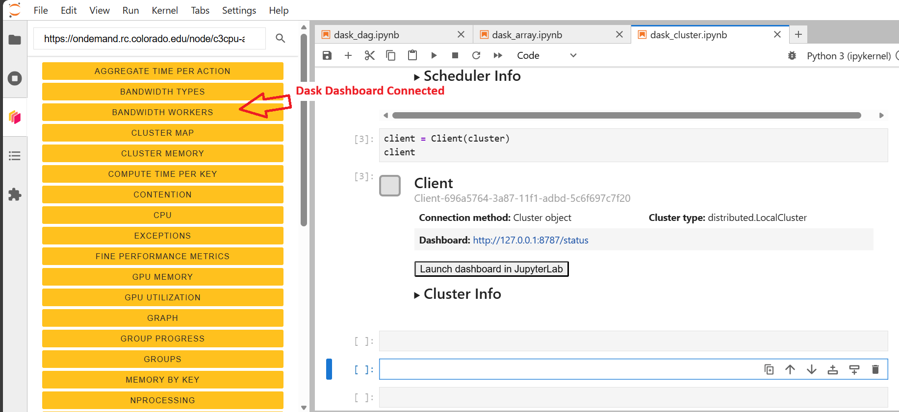 Screenshot of the Dask dashboard embedded in JupyterLab showing multiple monitoring panels such as task stream, memory usage, worker activity, and cluster performance.