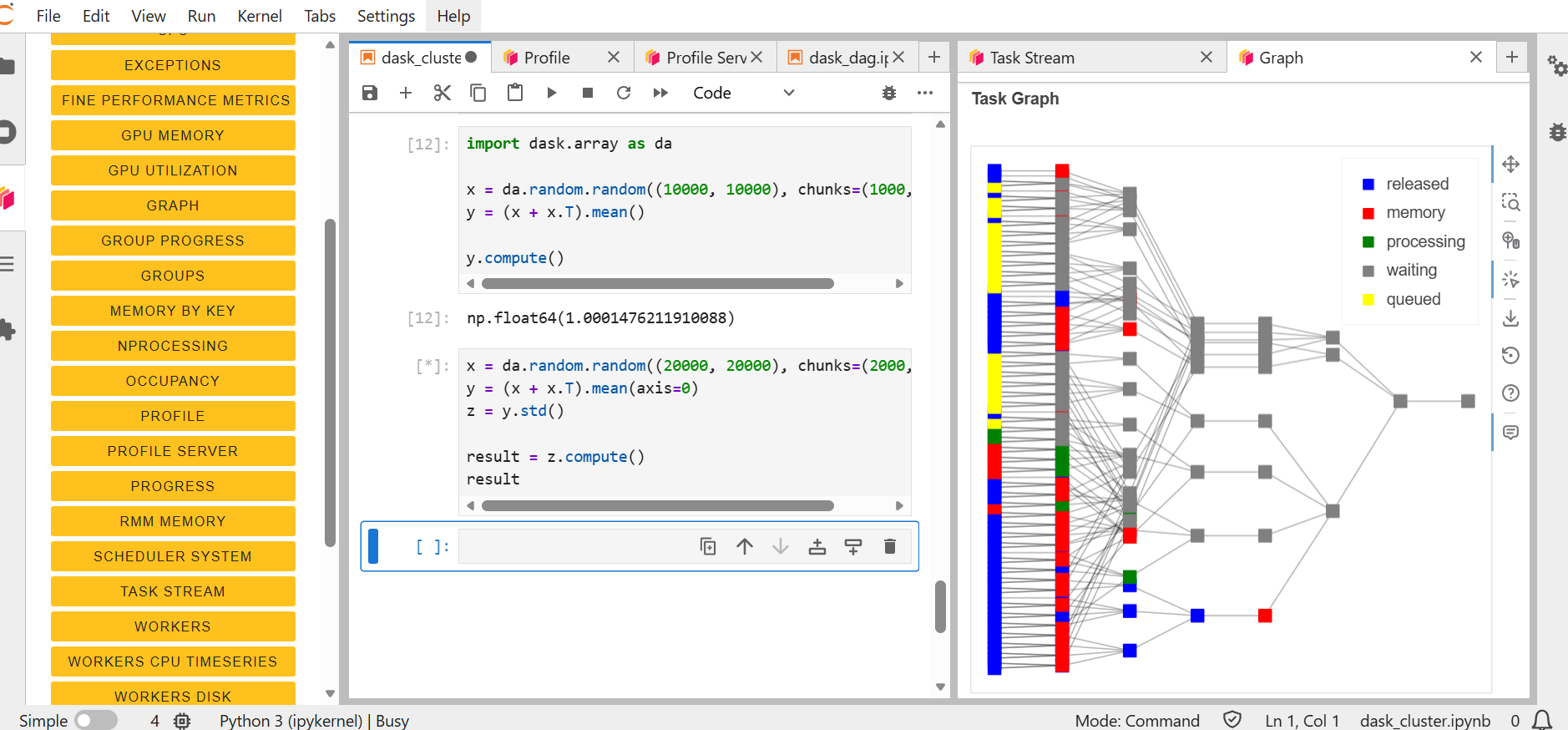 A screenshot displaying a coding environment showing the example array code for Dask. The left panel lists various performance metrics for the example, and the right panel illustrates a task graph. Color-coded dots represent different states: released, processing, waiting, and queued.