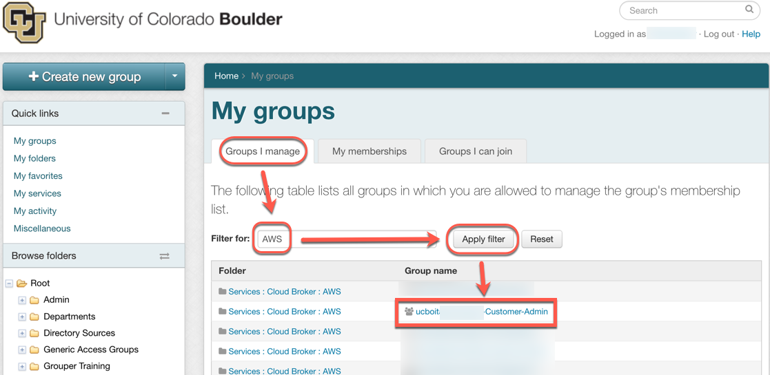 The Grouper "My groups" page with the AWS filter applied