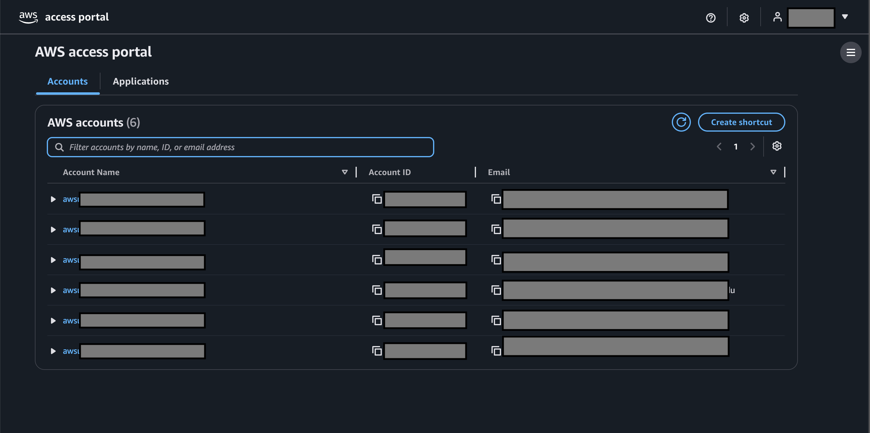 AWS SSO account and role selection page