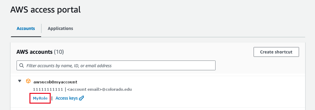 AWS SSO account and role selection page